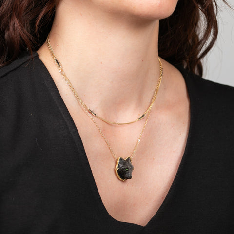 Carved Obsidian Wolf and Gold Necklace