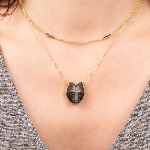 Carved Obsidian Wolf and Gold Necklace