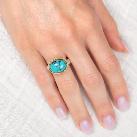 Oval Matrix Turquoise Ring in Sterling Silver and 18k Gold