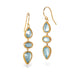 Gold earrings with blue aquamarine gemstones on a white background
