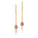 A pair of gold drop earrings with teardrop-shaped pink sapphire gemstones, shown against a plain white background.