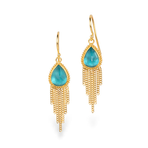 A pair of gold dangle earrings featuring teardrop-shaped apatite gemstones and cascading gold chain fringe, shown on a clean white background.