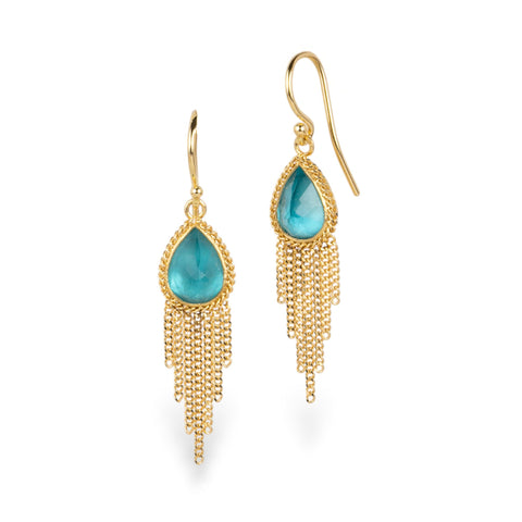 A pair of gold dangle earrings featuring teardrop-shaped apatite gemstones and cascading gold chain fringe, shown on a clean white background.