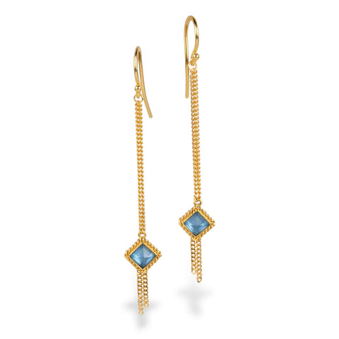 A pair of gold dangle earrings with textured chains leading to aquamarine gemstones, shown on a clean white background.