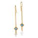 A pair of gold dangle earrings with textured chains leading to aquamarine gemstones, shown on a clean white background.