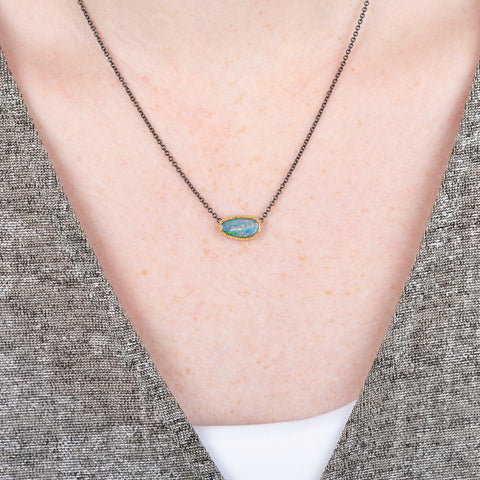 Australian Opal Doublet Sunrise Necklace in Oxidized Silver
