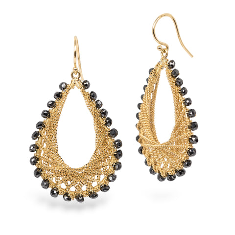Gold earrings with black diamonds on a white background