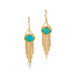 A pair of gold dangle earrings with oval blue-green opal stones and cascading gold fringe, shown on a clean white background.