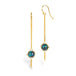 A pair of gold dangle earrings with round iridescent boulder opal stones, shown on a clean white background.