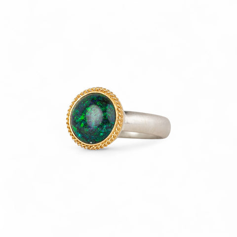 Andamooka Opal ring with gold bezel and sterling silver band