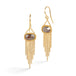 Gold earrings featuring brown diamonds and gold chain tassels, shown against a white background.