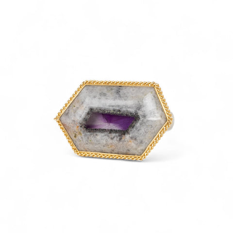 Handmade fine jewelry amethyst gemstone ring set in 18k gold with a sterling silver band