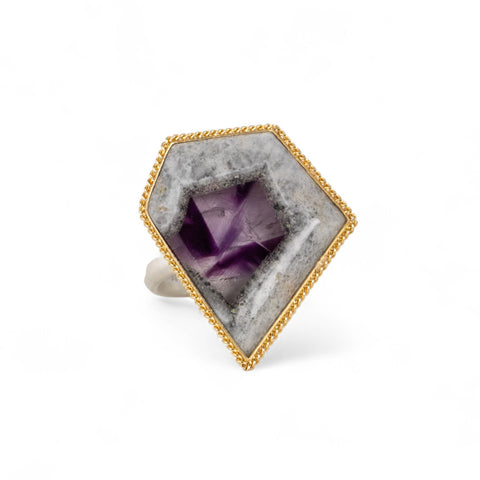 Handmade fine jewelry amethyst gemstone ring set in 18k gold with a sterling silver band