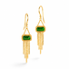 Gold earrings featuring chrome diopside gemstones and gold chain tassels, shown against a white background.