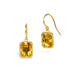 A pair of gold drop earrings featuring rectangular citrine gemstones in a textured bezel setting, shown on a plain white background.