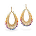 Teardrop shaped earrings featuring a web of 18k gold chain punctuated by an outer row of tiny gemstone beads in the colors white, yellow, orange, pink, purple and blue.