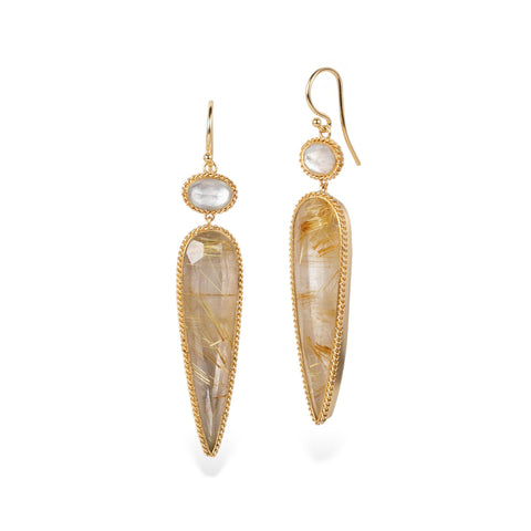 Handmade 18k gold earrings featuring crystal quartz and rutilated quartz gemstones on a white background.