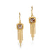 A pair of gold dangle earrings with square diamonds and gold chain tassels, shown on a clean white background.
