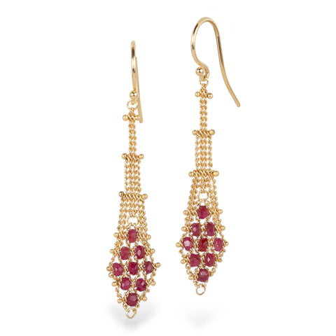 Drop earrings featuring a latticework of 18k gold chain that leads to a section of red ruby beads in a kite shape.
