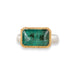 A rectangular emerald stone ring with a gold bezel and a sterling silver band, shown on a plain white background.