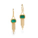 A pair of gold dangle earrings with rectangular emerald gemstones and gold chain fringe, shown on a clean white background.