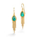 Gold earrings featuring emerald gemstones and gold chain tassels, shown against a white background.