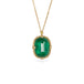 Handcrafted gold necklace with an emerald gemstone pendant on a white background.