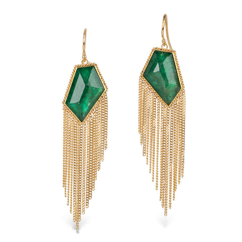 Gold and emerald gemstone earrings with dangling gold chains on a white background.