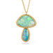 Boulder opal pendant necklace in mushroom design on a gold chain against a white background