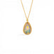 A gold teardrop-shaped Ethiopian Opal necklace shown against a white backdrop.