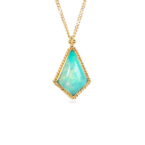 Gold necklace with an Ethiopian opal gemstone pendant on a white background