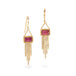 Gold earrings with tourmaline gemstones and gold chain tassels on a white background