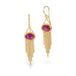 A pair of gold dangle earrings with oval pink fluorite gemstones and cascading chain tassels, shown against a white background.