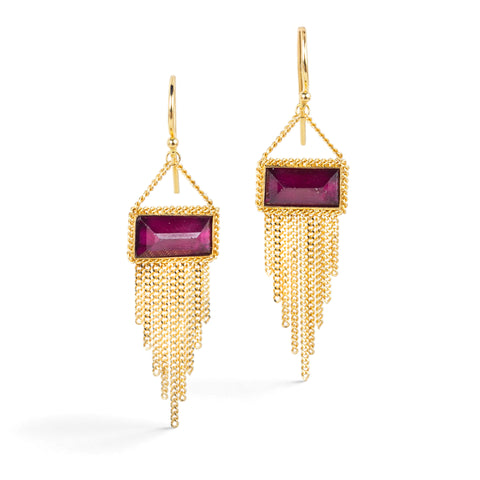 Gold earrings featuring rhodolite garnet gemstones, shown against a white background.