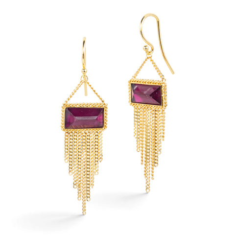 Gold earrings featuring rhodolite garnet gemstones, shown against a white background.