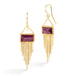 Gold earrings featuring rhodolite garnet gemstones, shown against a white background.