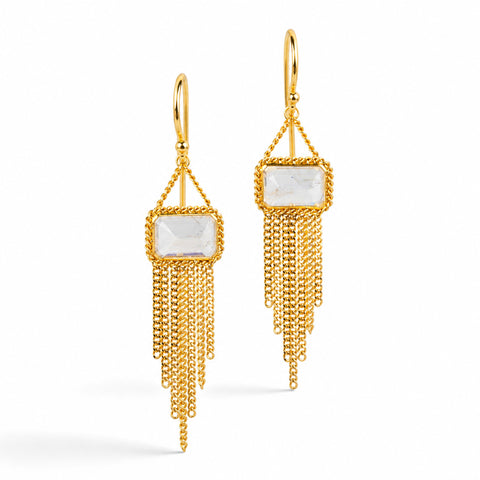 Gold earrings featuring moonstones and gold chain tassels, shown against a white background.