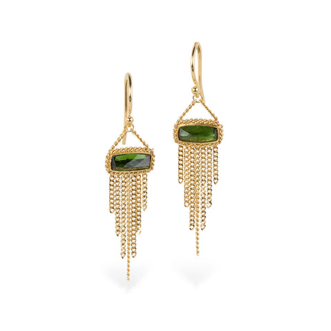 Gold earrings with XX gemstones on a white background