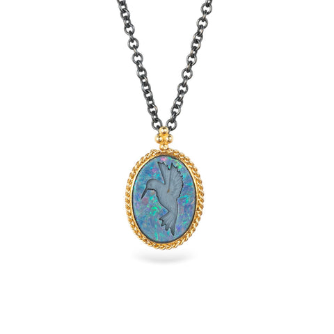 Australian Opal Doublet Hummingbird Necklace in Oxidized Silver