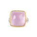 A square cushion-cut kunzite gemstone ring with a gold bezel and a sterling silver band, shown on a plain white background.
