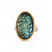 Handmade fine jewelry labradorite ring with carved design set in 18k gold with a sterling silver band