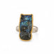 Handmade fine jewelry labradorite owl ring set in 18k gold with a sterling silver band