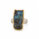 Handmade fine jewelry labradorite owl ring set in 18k gold with a sterling silver band
