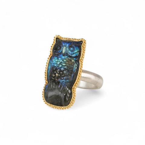 Handmade fine jewelry labradorite owl ring set in 18k gold with a sterling silver band
