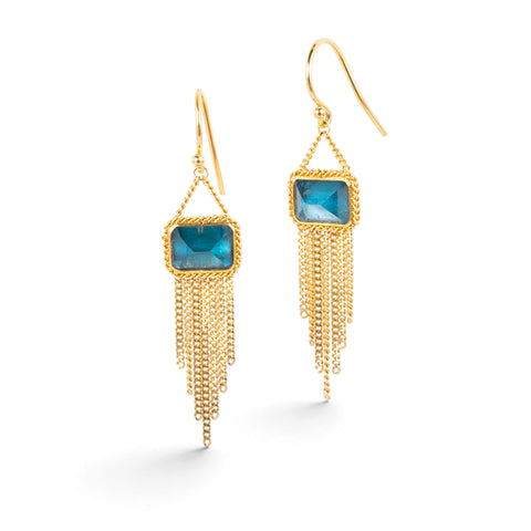 Gold earrings featuring London blue topaz gemstones and gold tassels, shown against a white background.