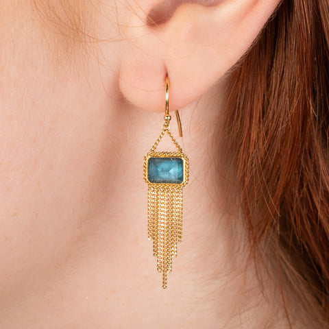 Gold earrings featuring London blue topaz gemstones and gold tassels, shown worn on a person's ear.