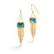 Gold earrings featuring London blue topaz gemstones and gold tassels, shown against a white background.