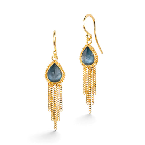 Gold earrings featuring London blue topaz teardrop-shaped gemstones, and gold chain tassels, shown on a white background.