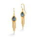 Gold earrings featuring London blue topaz teardrop-shaped gemstones, and gold chain tassels, shown on a white background.