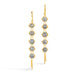 Gold earrings featuring five grey diamonds each, against a white background.